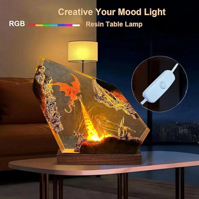 Epoxy Fire Dragon Resin Lamp, Handmade Resin Night Light with USB Port, Multi-Color LED Light, Ideal Home Bedroom Decor, Unique Birthday Holiday Gifts for Father Men Husband Boyfriend Him (10"x6")