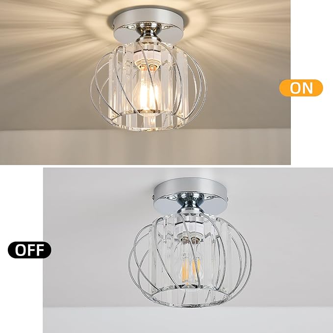 Semi Flush Mount Crystal Ceiling Light, Metal Cage Hallway Ceiling Lamps, Farmhouse Ceiling Light Fixture, Industrial Crystal Chandelier for Corridor Bathroom Kitchen (1, Chrome, 7.5 Inch)