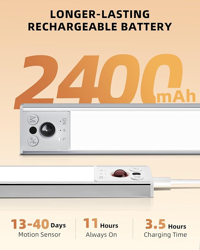 EZVALO 10inch Under Cabinet Lighting, LED Motion Sensor Light Indoor, 2400mAh USB Rechargeable Closet Lights, Dimmable & Magnetic Wireless Under Counter Lights for Kitchen, Pantry, Stairs (2 Pack)