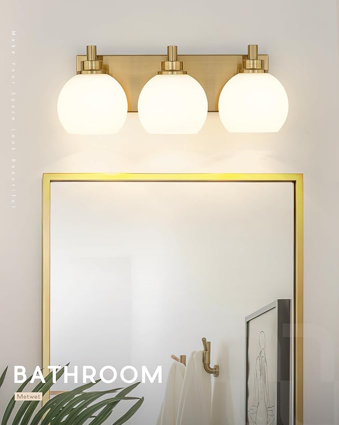 Bathroom Light Fixtures, 3-Light Brushed Gold Vanity Light, Modern Wall Sconces with Milk White Globe Glass Shade, Vanity Lighting Fixtures Over Mirror, VL195-BG-ML-3