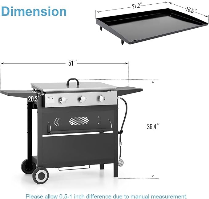 GREEN PARTY 3 Burner Propane Gas Griddle with Removable Standing Cart, Convertible to Tabletop Design, 27 inch Flat Top Grill for Outdoor Cooking Camping Tailgating Barbecue