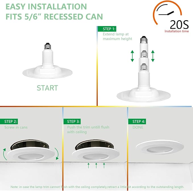 Soliseed 4 Pack 5/6 Inch LED Can Lights Length Adjustable Recessed Lights,Retrofit Downlight ETL Damp Rated,12W=60W,5000K Daylight,800LM, Dimmable,Bevel Trim,Easy Install