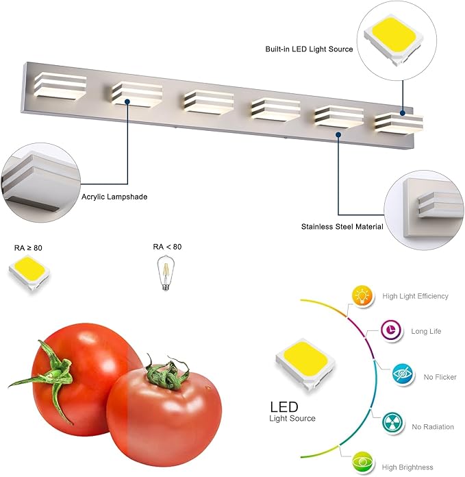 LED Wall Brushed Nickel Vanity Lights for Bathroom Light Fixtures 36W Adjust 3 Colors Modern Bath Lighing Over Mirror LED Vanity Light (6-Light,41inch)