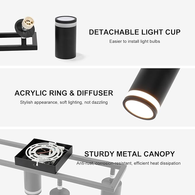 Ketom 4-Light Track Lighting Fixtures Ceiling, GU10 Black Led Ceiling Spotlight, Modern Track Light Kit for Kitchen Hallway Bedroom Living Room