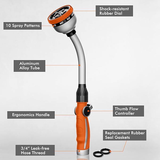 RESTMO Watering Wand Heavy Duty, Metal Garden Hose Wand with 10 Spray Patterns, 15-Inch Long Hose Nozzle Sprayer with Thumb Flow Control, Ideal to Water Hanging Baskets and Shrubs, Orange