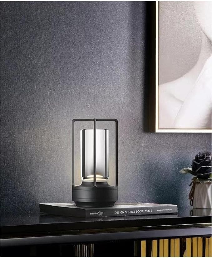 Portable Metal Table Lamp for Indoor/Outdoor ,Rechargeable Cordless LED Lamp, 3-Colour Infinitely Dimming Battery Powered Small Desk Lamp, Restaurant/Bedroom/Bar/Coffee Shop/Camping Light (Black)