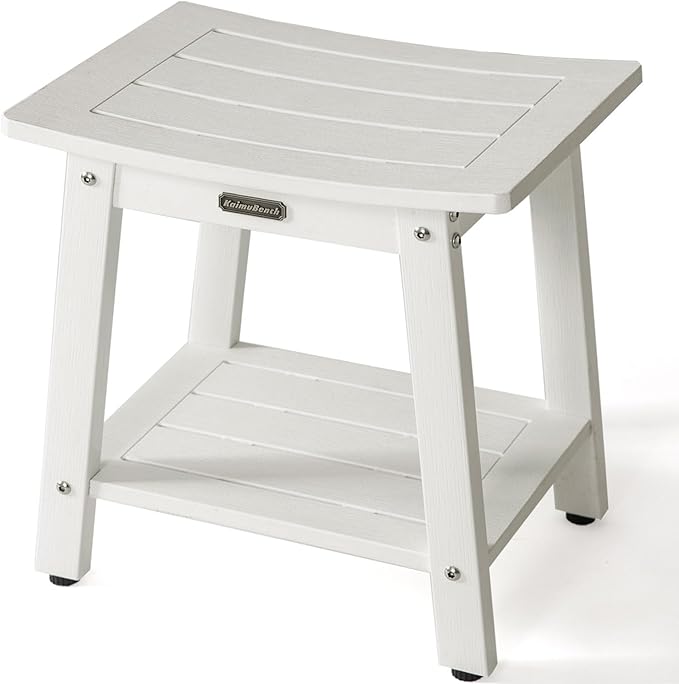 HDPS Shower Bench, White Plastic Shower Stool Seat for Shaving Legs, Spa Bath Seat, Heavy Duty Waterproof, Non-Slip, No Maintenance