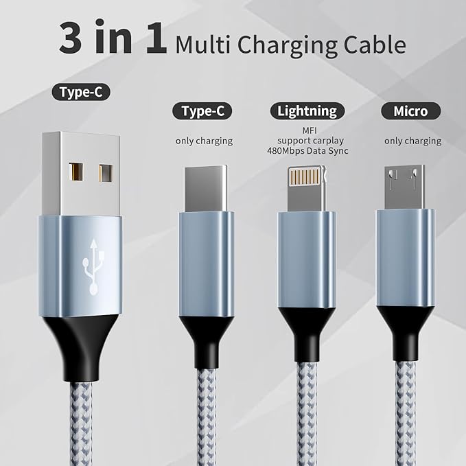 IDISON Multi Charging Cable(3Pack 4FT), 3 in 1 Charging Cable Nylon Braided Multiple USB Cable Universal Charging Cord with Type-C, Micro USB and IP Port for Cell Phones and More