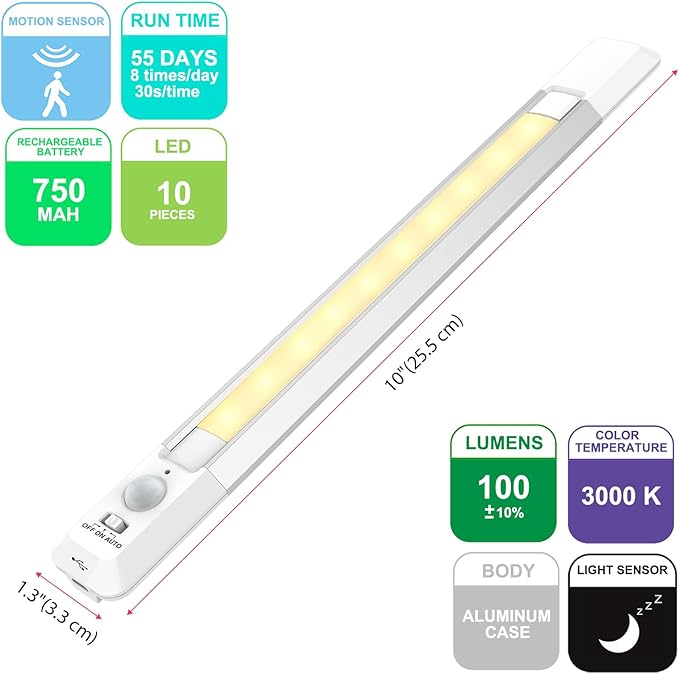 BIGMONAT Motion Sensor LED Night Light,Wireless USB Rechargeable Under Cabinet Strip Lights Stick-On Magnetic Closet Lighting Bar for Kitchen, Hallway, Motion Activated Indoor Light - White, 2Pack