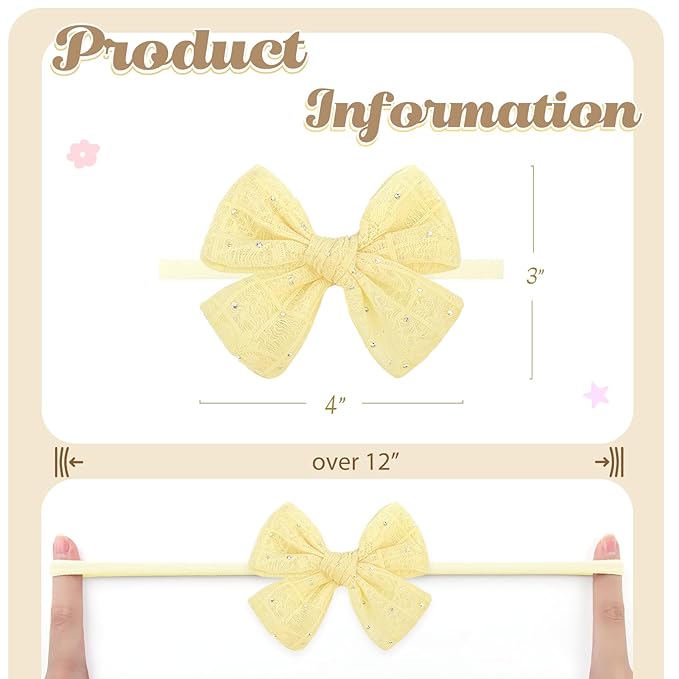 YanJie 3PCS 4’’ Lace Hair Bow for Girls Soft Nylon Baby Headbands Rhinestone Pink Yellow Green Bows Hair Accessories for Newborn Infant Toddler Girl
