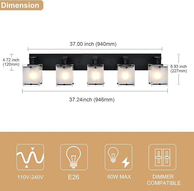 5-Lights Bathroom Light Fixtures, Matte Black Modern Vanity Lights with Rectangular Frosted Glass for Over Mirror Dressing Table, E26 Bulb Base