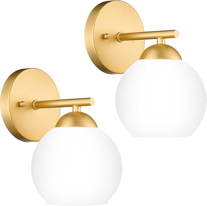 Emak Modern 2 Pack Globe Wall Sconce, Gold Vanity Light with Milk Glass Shade for Bathroom, Living Room, Pictures, Bedroom,Hallway, WS114-GD-ML-2PK