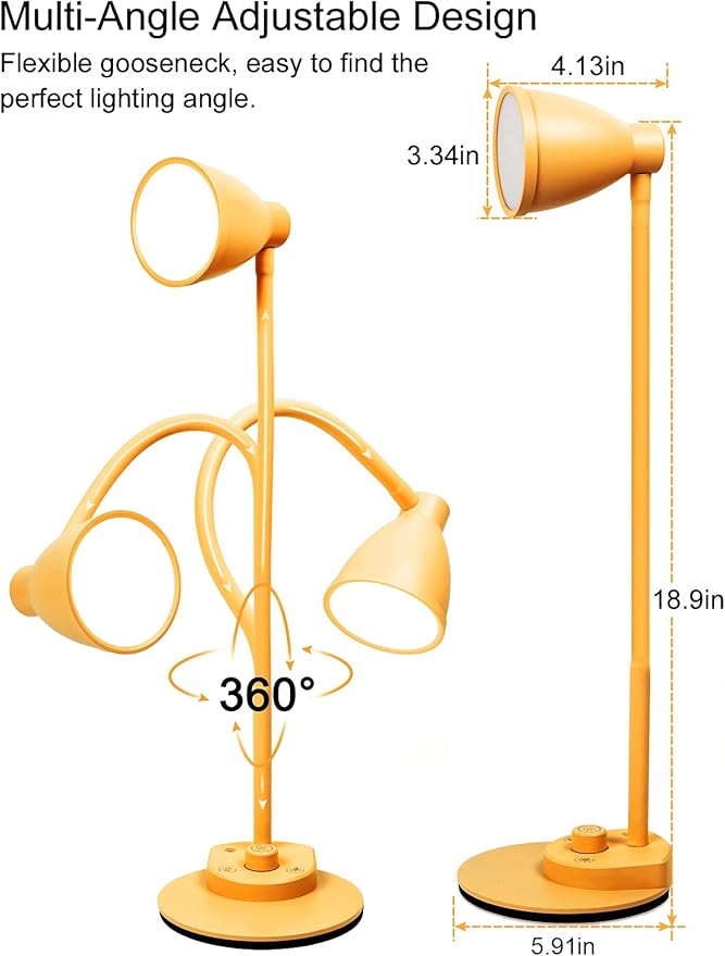 BOHON LED Desk Lamp with USB Charging Port, 3 Color Modes Fully Dimmable Reading Lamp, Auto Dimming Task Lamp, Flexible Neck Table Light for Home Office Dorm Bedside, Bright Yellow