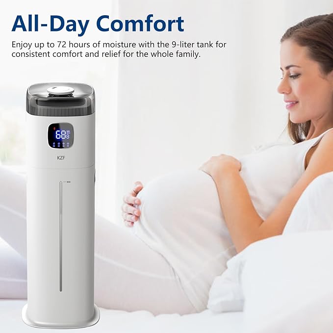 Large Humidifier for Bedroom, 9L/2.5Gallon Ultrasonic Cool Mist Humidifier with Humidistat, 360°Nozzle, 350ML/H Big Mist Level, Suitable for Kids Room Livingroom Yoga Office Plant，White