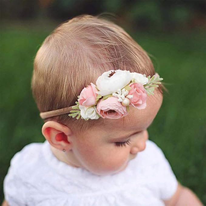 Baby Girl Flower Headband 6 PCS Elastic Hairbands Handmade Nylon Bows Headbands Chic Floral Hair Accessories Kids Gifts for Newborn Infant Toddlers