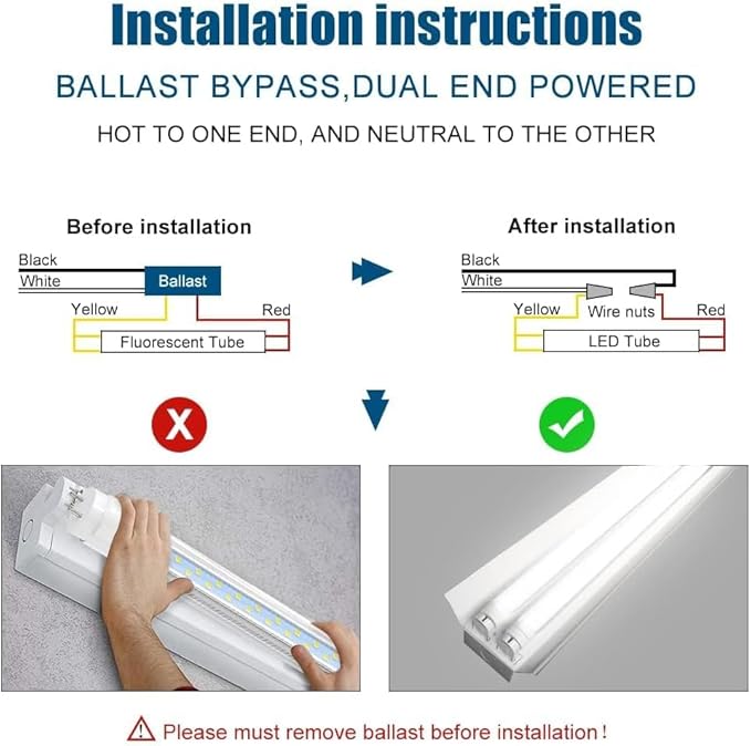 JESLED T8 LED 4FT Type A+B Light Bulbs, 24W(65W Equivalent), 3000LM, 6000K Super Bright, Plug and Play or Ballast Bypass, 4 Foot LED Fluorescent Tube Replacement, ETL Listed, Dual-Ended, Clear(2-Pack)