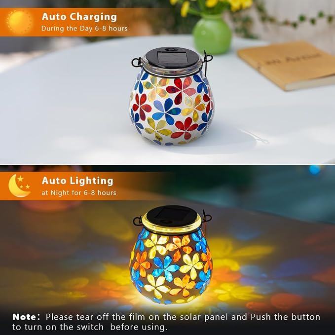 Stargarden Mosaic Solar Lanterns, Glass Hanging Lantern Waterproof Outdoor Haning Lights Flower Decorative Table Lamp for Garden ,Patio,Yard Decor