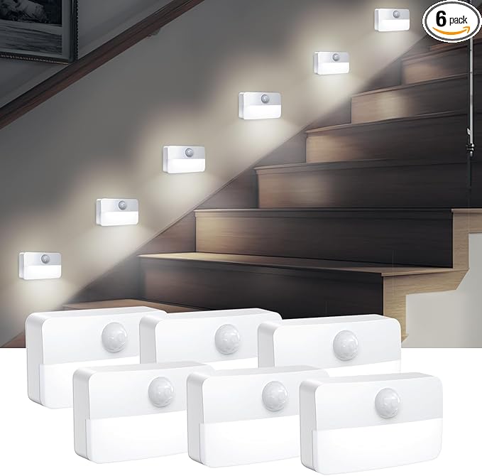 6 Pack Motion Sensor Stair Lights for Indoor, Battery-Operated LED Night Light, 40 Lumen 6500K, Cordless Closet Light, Safe Lights for Stairs, Hallway, Bathroom, Bedroom,Kitchen, Cabinet