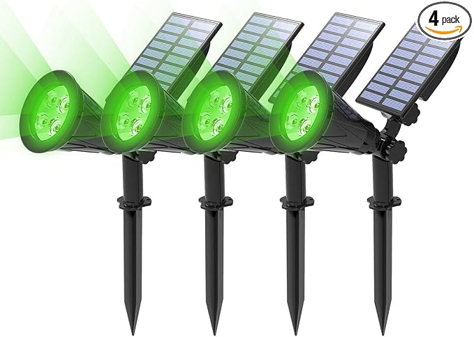T-SUN Green Solar Spotlights, IP65 Waterproof Outdoor 4 LED Solar Garden Lights, Auto ON/Off Adjustable Wall Lights, 180°Angle Adjustable for Tree,Patio,Yard,Driveway,Stairs,Pool Area (Green-4 Pack)