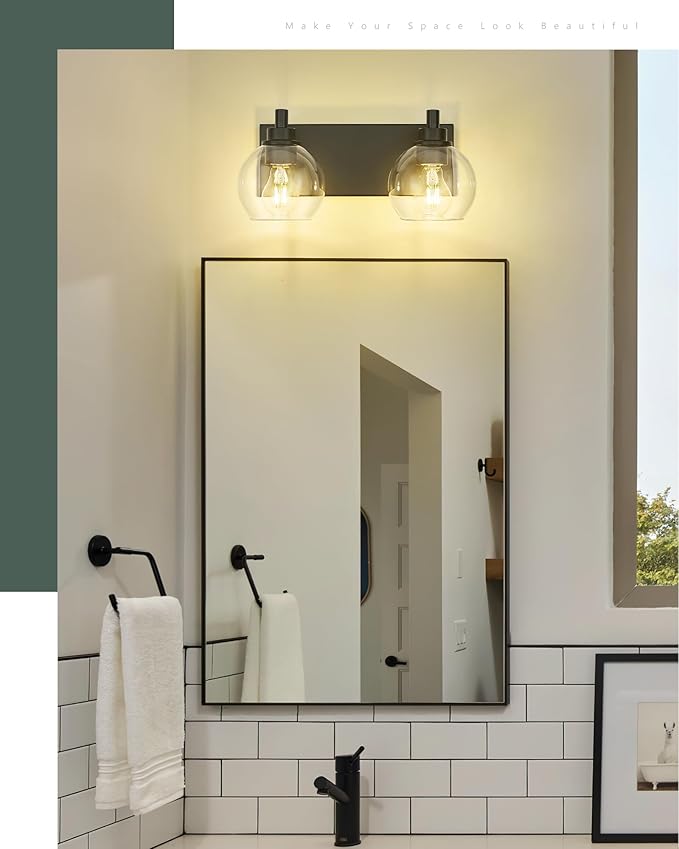 Bathroom Light Fixtures, 2 Light Matte Black Vanity Light, Modern Wall Sconces with Clear Glass Globe Shade, Bathroom Wall Lights Over Mirror Kitchen Bedroom Hallway, VL195-MB-2