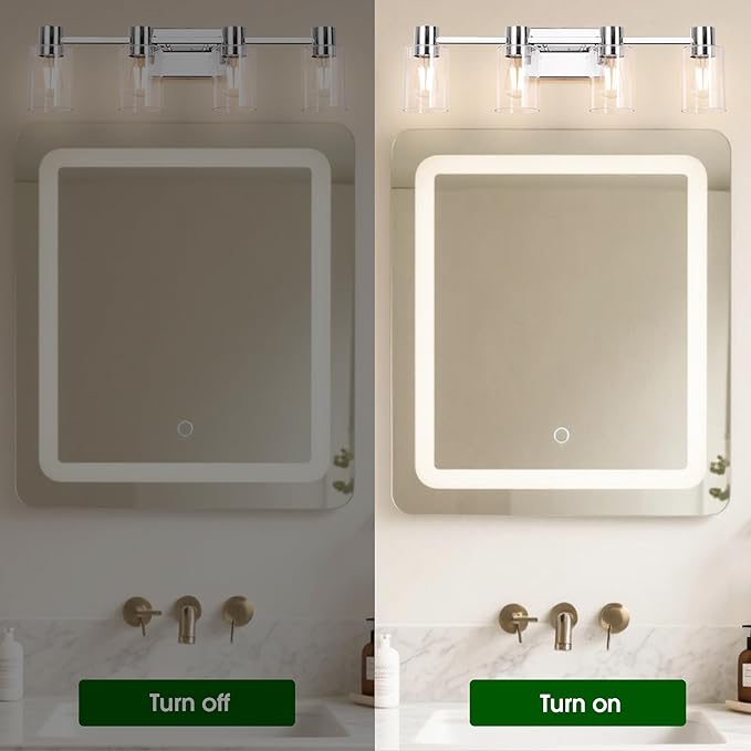 4-Light Modern Vanity Light Fixtures Over Mirror, Chrome Bathroom Light Fixtures, Vanity Lights, Wall Sconce with Clear Glass Shade for Bathroom, E26 Base
