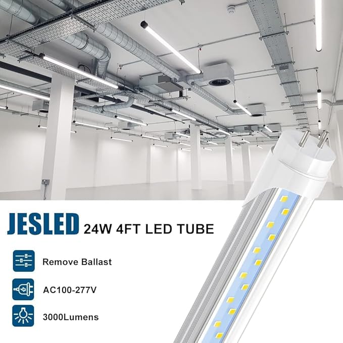 JESLED T8 LED 4FT Type A+B Light Bulbs, 24W(65W Equivalent), 3000LM, 6000K Super Bright, Plug and Play or Ballast Bypass, 4 Foot LED Fluorescent Tube Replacement, ETL Listed, Dual-Ended, Clear(6-Pack)