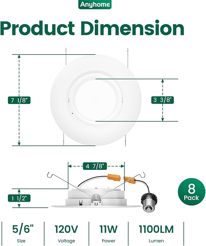 6 Inch Gimbal Led Recessed Lighting Retrofit,4 Retrofit Led Recessed Lighting,5 CCT 2700K-5000K Dimmable 11W 900LM,Compatible with TP24 Connector/E26 Bases,ETL & ES(8 Pack)