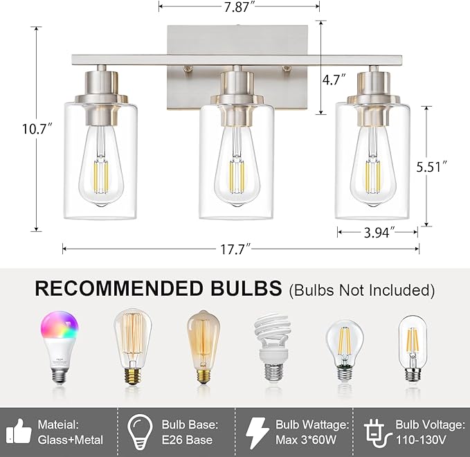 3 Light Bathroom Light Fixtures Brushed Nickel Vanity Light Over Mirror Modern Farmhouse Wall Lighting Sconces Wall Lamp for Bathroom, Bedroom, Living Room E26 Socket with Glass Shade