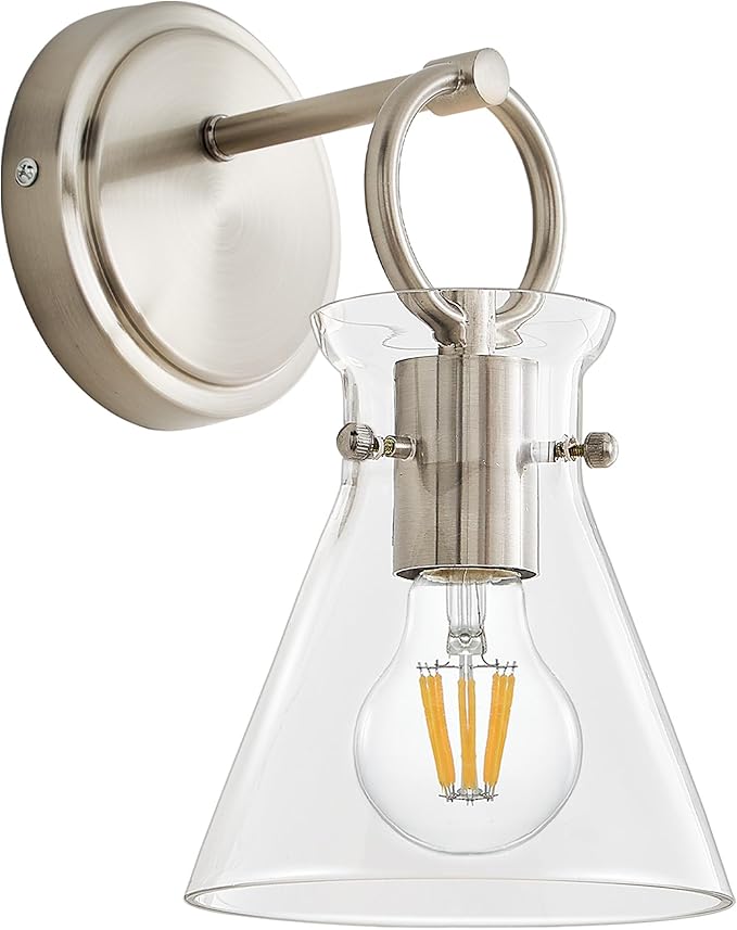 Wall Sconce for Bathroom Modern Vanity Light Fixtures Hardwired Wall Mount Lighting Lamp Farmhouse Wall Lights with 6" Clear Glass Shade for Bedroom Living Room, Brushed Nickel, 1 Pack