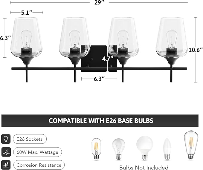 VONLUCE Bathroom Vanity Light, 4 Light Bathroom Light Fixture Over Mirror, Bathroom Wall Lamp with Clear Glass, Modern Black Vanity Lighting fixtures for Bathroom, Bedroom, Hallway