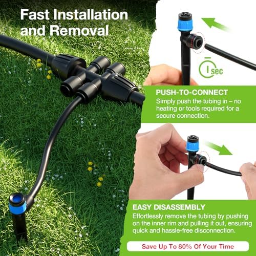MIXC Greenhouse Micro Drip Irrigation Kit Automatic Irrigation System Patio Misting Plant Watering System with 1/4 inch 1/2 inch Irrigation Tubing Hose Adjustable Nozzle Emitters Barbed Fittings
