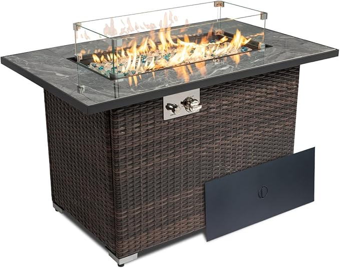 44in Outdoor Propane Gas Fire Pit Table, 50,000 BTU Auto-Ignition Gas Firepit with Glass Wind Guard, Marble Tile Tabletop, Mixed Color Glass Rocks, Brown PE Rattan