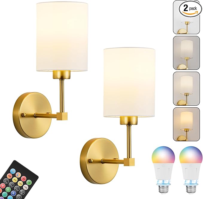 Battery Operated Wall Sconce Set of Two,Wireless Rechargeable Wall Light With Remote Control, Dimmable, 1800K/3000K/4000K/6000K/RGB, Timer, for Living Room, Bedroom, Fireplace, TV, 13.5 Inch, Gold