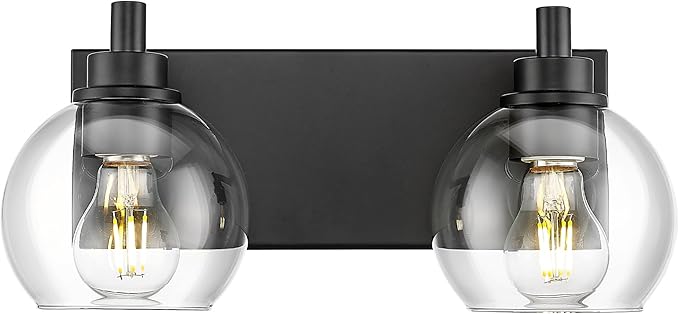 Bathroom Light Fixtures, 2 Light Matte Black Vanity Light, Modern Wall Sconces with Clear Glass Globe Shade, Bathroom Wall Lights Over Mirror Kitchen Bedroom Hallway, VL195-MB-2