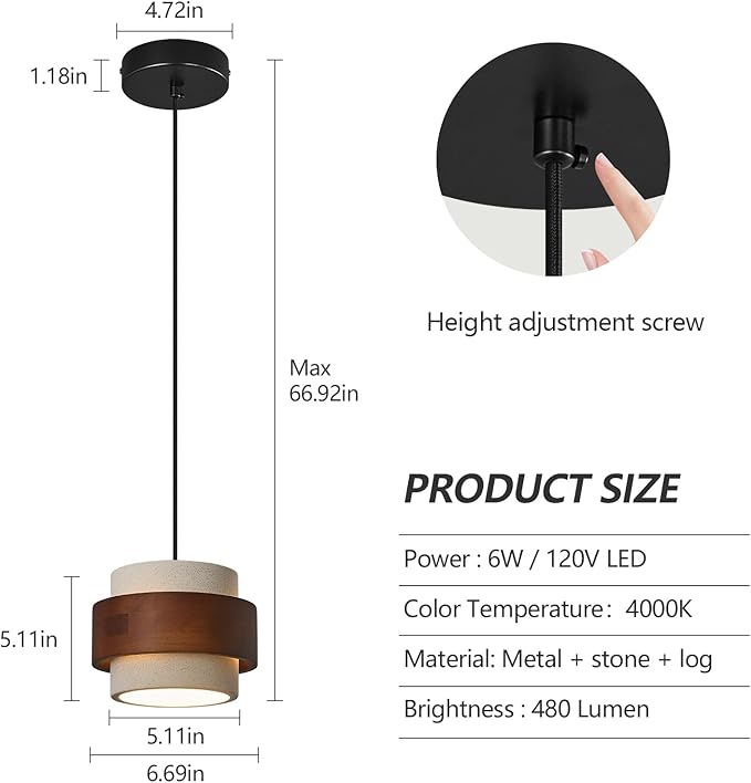 Modern Cement Pendant Light Fixture,Concrete Pendant Lights with Wood Accent,Vintage Farmhouse Chandelier for Kitchen Island Dining Room Living Room Bedroom Restaurant Cafe(White 2-Pack)