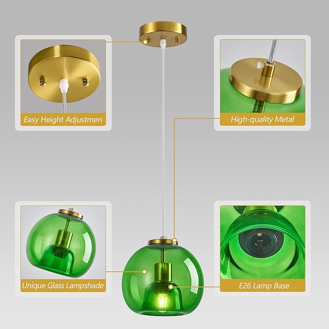 Green Glass Pendant Lights Kitchen Island Gold Hanging Light Fixture Glass Globe Pendant Light Modern Pendant Lighting for Kitchen Island Bedroom Dining Room (7.87", 2 Pack)