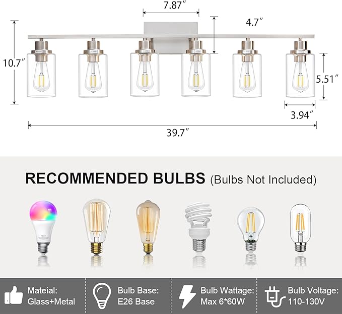 6 Light Bathroom Light Fixtures Brushed Nickel Vanity Light Over Mirror Modern Farmhouse Wall Lighting Sconces Wall Lamp for Bathroom, Bedroom, Living Room E26 Socket with Glass Shade