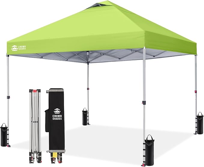 CROWN SHADES 10x10 Pop Up Canopy - Beach Tent with One Push Setup - Easy Outdoor Sun Shade for Events, Parties, Camping - Gazebo with STO-N-Go Cover Bag, Silver Coated Top, Green