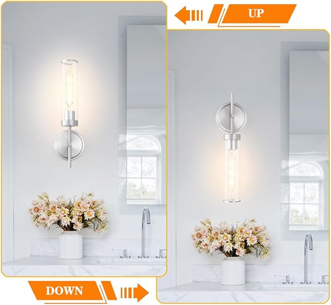 Wall Sconces Set of 2, Brushed Nickel Sconces Wall Lighting, Modern Bathroom Vanity Light Fixtures with Clear Glass, Bathroom Sconces Wall Mount Lights for Living Room Bedroom Hallway, Hardwired