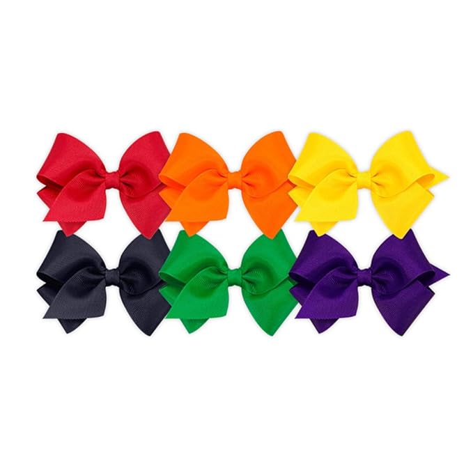 Wee Ones Girls' 6 Piece Set of Bows, Solid Grosgrain Variety Pack on a WeeStay No-Slip Hair Clip, Small, Red, Orange, Yellow, Navy, Green, Purple