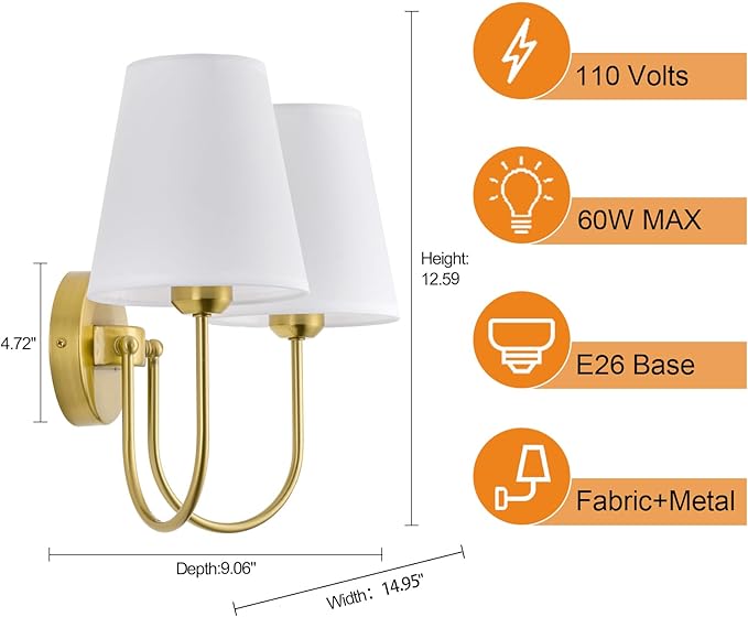 Hardwired White Fabric 2 Light Wall Sconce – Double Headed Cloth Shade Fixture for Bedroom, Bathroom & Hallway (Direct Wire)