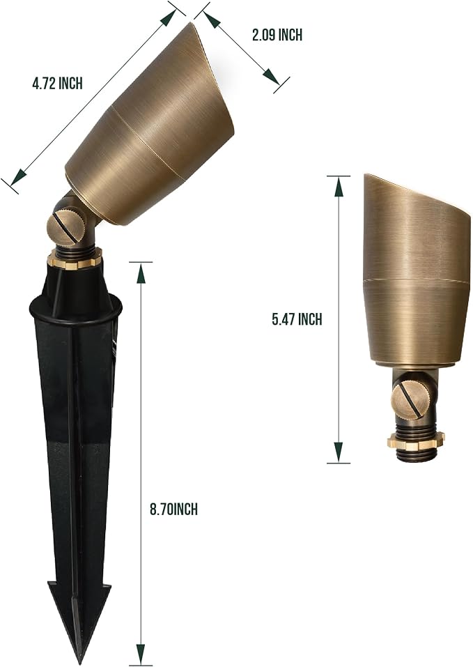GKOLED Solid Brass Low Voltage Compact Spotlight, 12V AC/DC Waterproof Outdoor Landscape Spot Lights for House Trees Garden Yard Lawn, Up Light with 5W 2700K MR16 Bulb, Stake Included, 12 Pack
