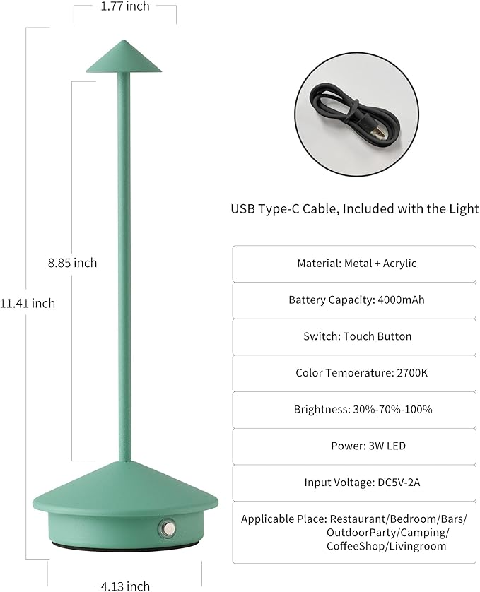 Modern Cordless Table Lamp Set of 2, Portable LED Desk Lamps, 4000mAh Rechargeable Battery Operated Lighting for Bedroom Dining Room Restaurant Coffee Shop Camping Night Light (Green)