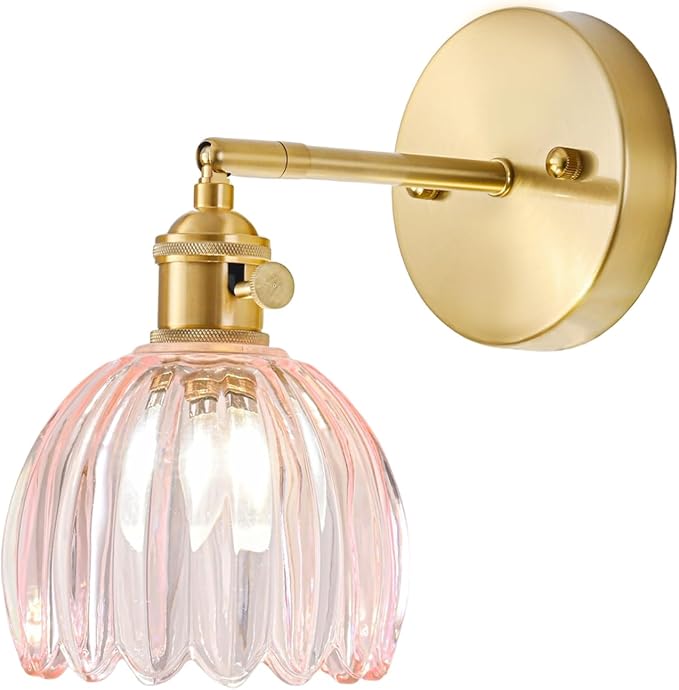 Hardwired Wall Sconce Light, Vintage Wall Sconce with Switch, Gold Wall Light Fixture with Tulip Pink Glass Lampshade, Indoor Wall Light for Bedroom Bathroom, Bedside Wall Lamp