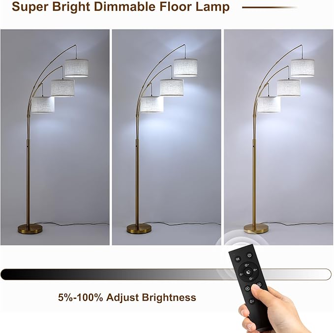 Gold Floor Lamps for Living Room, Super Bright Arc Floor Lamp with Remote Control, 3 Light Tall Floor Lamps with Stepless Dimmable, 80" Mid Century Tree Floor Lamp for Bedroom, Office