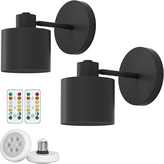 Tipace Vintage Battery Operated Wall Sconces,Cordless Battery Powered LED Wall Lights Set of 2,Wall Lamp Fixture Black 360°Rotate with Remote Control for Bedroom Farmhouse Gallery