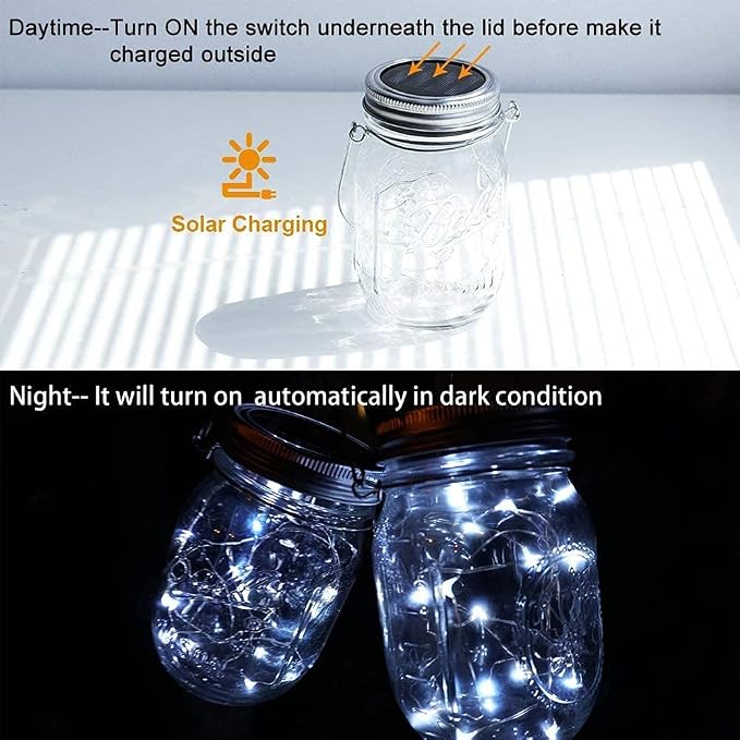 SunKite Solar Mason Jar Lights [Updated], 8 Pack 20 LED Waterproof Fairy Firefly Jar Lids String Lights with Hangers(NO Jars), Patio Yard Garden Wedding Decoration - Cool White
