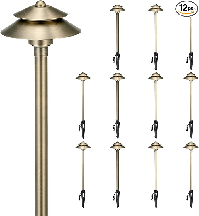 Gardencoin Solid Brass Low Voltage Landscape Pathway Lights (6'' Shade, 19'' Tall), 12V LED Heavy Duty Path Lighting Outdoor Wired, Waterproof Antique Bronze Walkway Light Without G4 Bulb,12 Pack