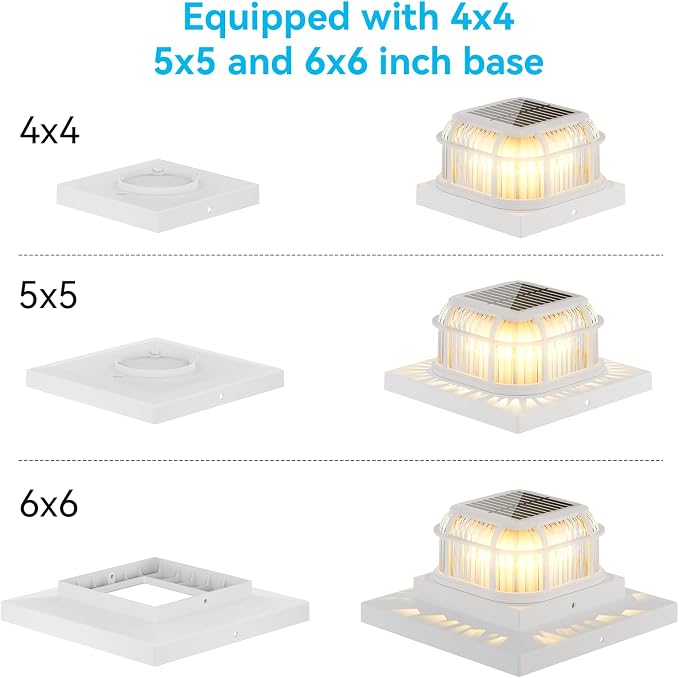 Solar Post Light 8 Packs with 4x4, 5x5 and 6x6 Inches Base for Vinyl/Wooden Posts, Bright 16 LEDs Solar Cap Lights with Two Light Modes for Decorating Deck, Patio, Porch, Fence (White)