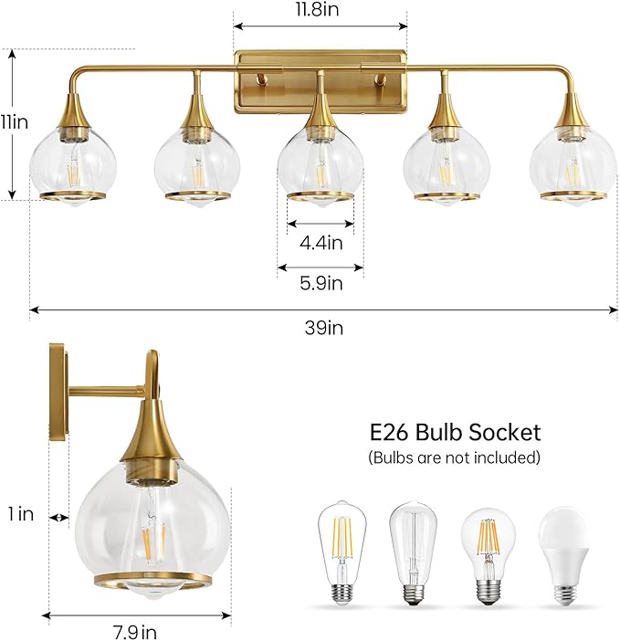 Gold Bathroom Vanity Light 5-Lights Bathroom Light Fixtures Over Mirror with Clear Glass Shade 39.2 inch Wall Sconce Lighting Bath(Exclude E26 Bulb)